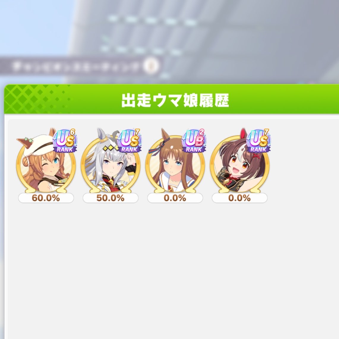 level1221's tweet photo. チャンミ初日17/20
グランが勝てなさすぎたので戦力外通告
急ごしらえのオグリの方が強かったわ

今回デバフ抜きでもいいけどどうしようかな https://t.co/PX0HJ2yfqo