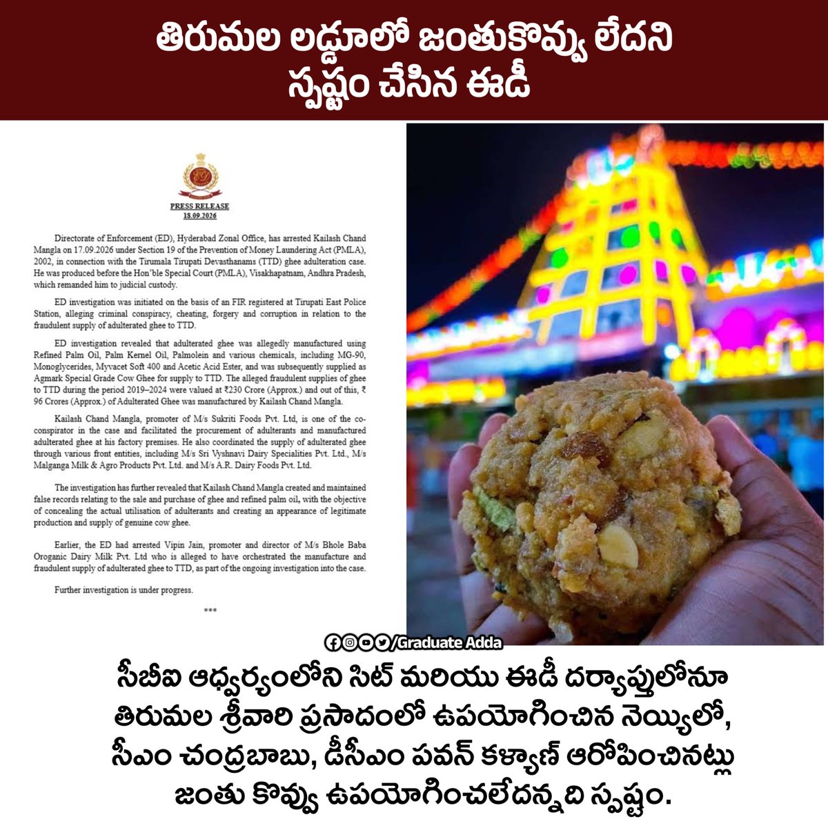 GraduateAdda's tweet photo. 🙏🙏 🙏
#NoAnimalFatInTTDLaddu https://t.co/PtRJwR85rv