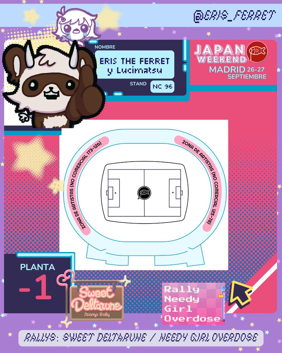 Eris_ferret's tweet photo. @JW_Arte Holaa! Soy Eris y comparto stand con mi compi @lucimatsu_ estamos en el NC 96 PLANTA -1.
Estoy en dos rallys: Sweet Deltarune y Needy Girl Overdose (info abajo)
Tengo reservas abiertas hasta el 24 (muy recomendable. info abajo)
Nos vemos :D https://t.co/0kR6moV4s8