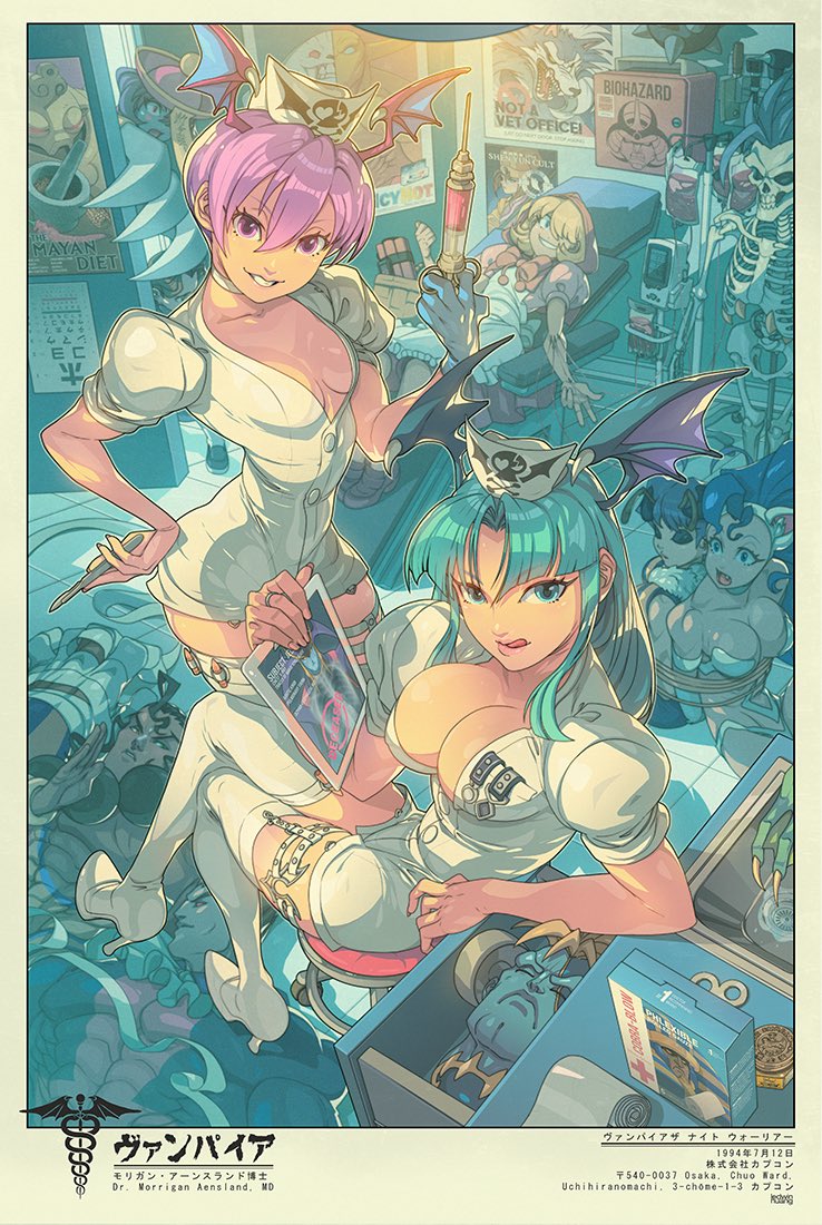 ironpinky's tweet photo. My new Nurse Morrigan and Lilith print is now available on my online shop. Cop it at https://t.co/PLl4fuGsqq! I had a lot of fun adding Easter eggs featuring the entire playable cast #darkstalkers #morriganaensland #edwinhuang https://t.co/QfmB7sxbZG