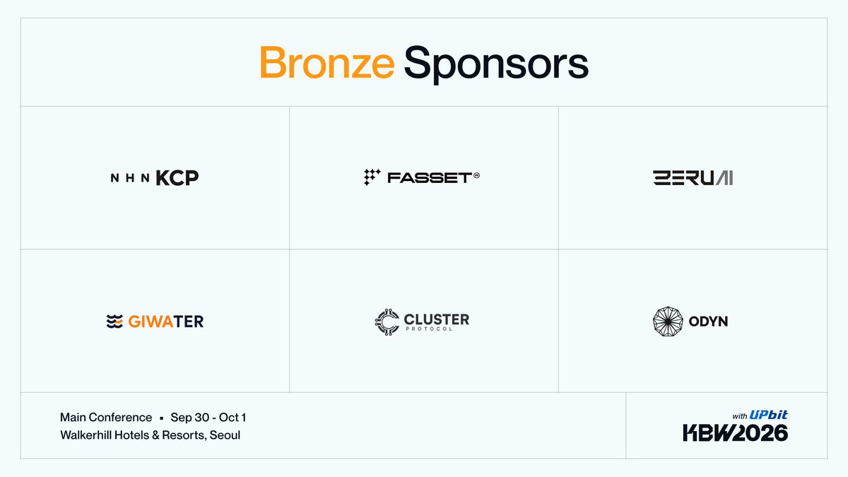 kbwofficial's tweet photo. Meet the third wave of Bronze Sponsors

NHN KCP • @fasset • @zerufinance • @GiwaterFinance • Cluster Protocol (@OpenProtocolFND) • ODYN

📍 September 30 – October 1 | Walkerhill Hotels & Resorts, Seoul

The countdown is on. Get your tickets now and use code KBW2026SNS at checkout for 10% off ⬇️