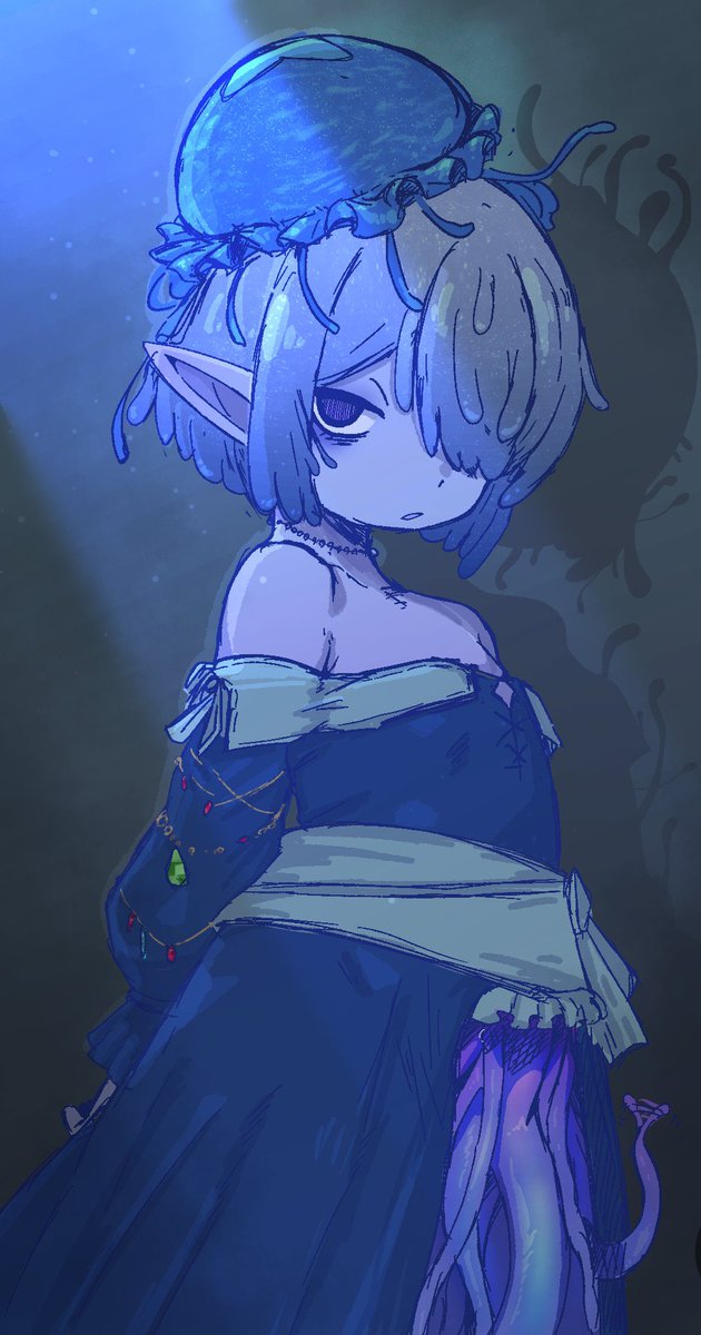 NegakaReRP's tweet photo. ソングちゃんとても反響がありました！！
ありがとうございます！！！ぃーぉ！
改めてざっくり解説！
・ラウンジ内にはクラゲによく似た「善き隣人」という聖品がいます。
・ヌラフィラはその中の1個体が突然変異した存在です。
・聖品でありながら、他の聖品の影響を受けた経緯があります。
・訪れる者達をよりたくさん「もてなしたい」その一点に存在意義　　　がある子です。
・「ぃーぉ」は「えーと」みたいな意味です。
・言葉がカタコトだったり、曖昧なのは生後間もないからです。
・手足は本来クラゲに近い触腕です。呪具や魔法で変容させてます。
・本当は青肌です。銀鱈を待ち望んでいます。
・黒いドレスは訪れるお客さんの参考にしました
・髪型は懐いているある人を参考にしました
・足は沈み落ちた者「アドリフト」さんの義足を参考に触腕を束ねています。

ぃーぉ🪼