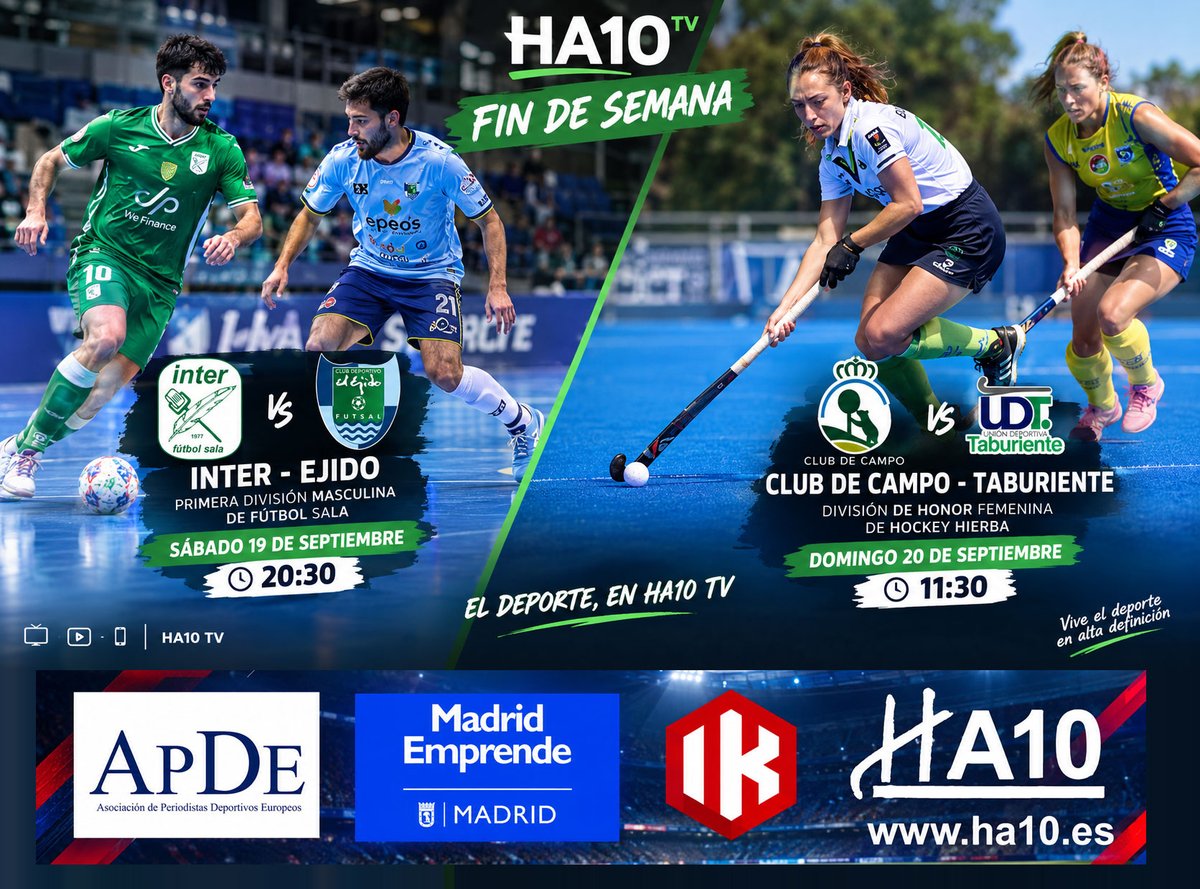 ha10_es's tweet photo. 🏆 Este finde, el deporte vive en @ha10tv ⚽🏑

Disfruta de la competición y acompáñanos en directo. 📺

Patrocinado por @IKMultimediaES @MadridEmprende @apde_eu

@ClubInterFS @CDElEjidoFutsal @ccvmoficial @UDTaburiente

#HA10TV #Deporte https://t.co/HrG27AQVPT