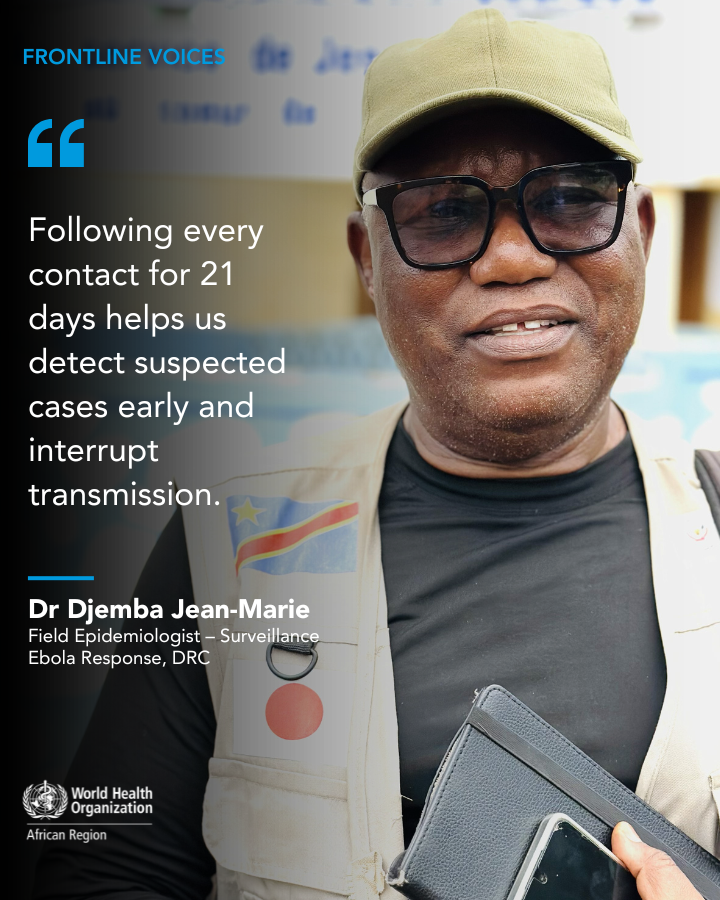 WHOAFRO's tweet photo. Dr Djemba Jean-Marie, a field epidemiologist, supports surveillance teams in investigating alerts and monitoring contacts. Everyone exposed to an #Ebola case is followed for 21 days to rapidly detect any symptoms and help interrupt transmission.

With more than 15 years of experience in Ebola response, he helps strengthen surveillance in areas facing community reluctance and security constraints.