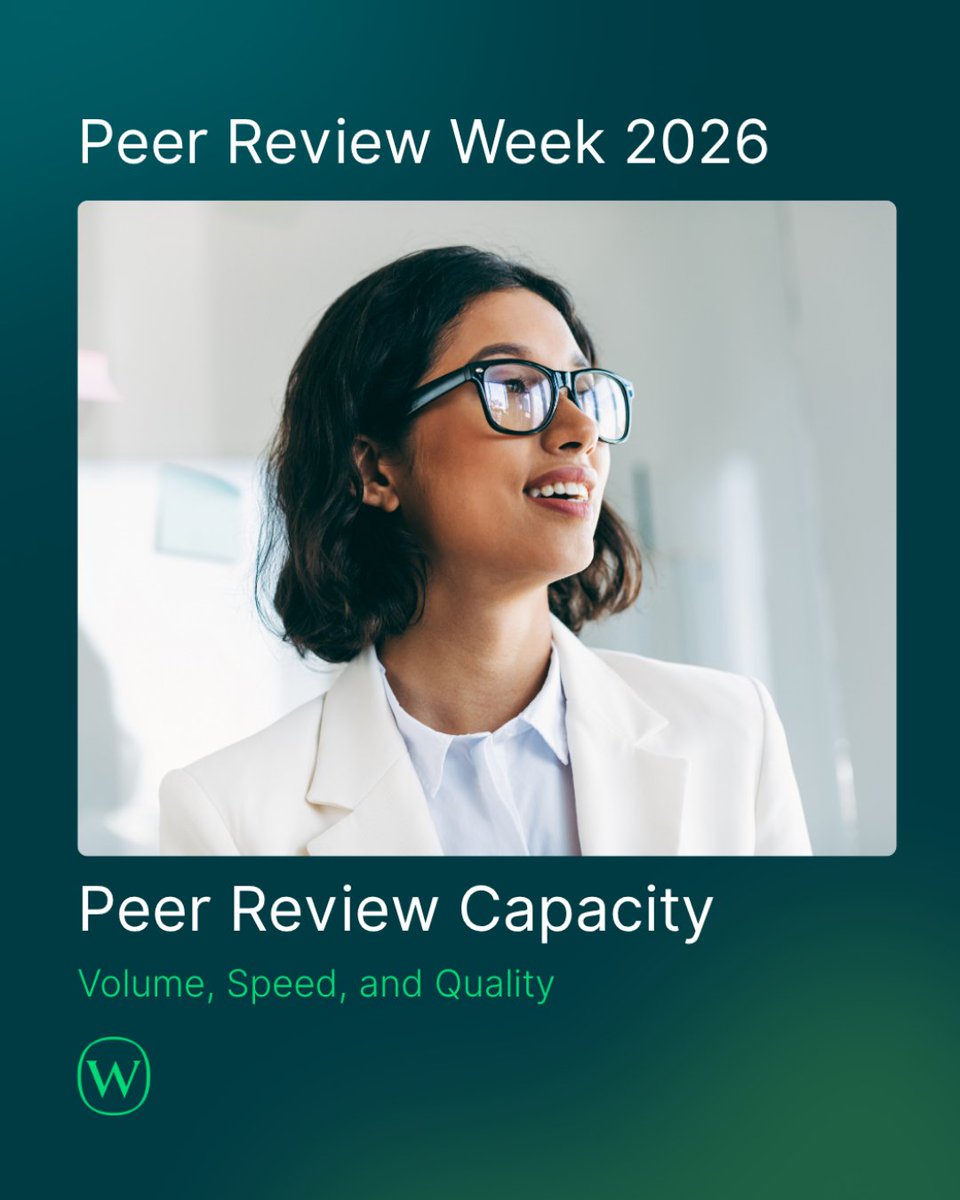 A person wearing glasses and a white blazer is looking ahead with a thoughtful expression. The image is titled "Peer Review Week 2026" and includes the subtitle "Peer Review Capacity: Volume, Speed, and Quality.