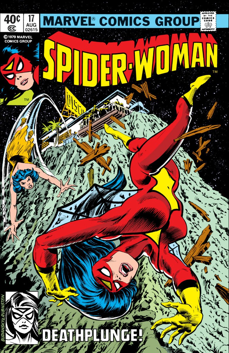 KylePrometheus's tweet photo. Bronze of the Day.  🧡  Venom Blast Day 18.

Spider-Woman #17.  August 1979.
Jessica’s Night Out.

Cover: Budiansky / Rubinstein.
Story: Gruenwald / Wilburn / Infantino / Esposito.

The institute pretends yesterday did not happen.
The pills are supposed to make her ordinary.
She tests them where the lights are cheapest.

A 'handsome' man asks her to dance.
The purse goes missing.
A stranger puts the costume on...
and the whole floor looks at the wrong woman.

Something slick on the balcony.
A railing.
A fall.

No one sees Jessica move.

One cover.
One panel.

Panel of the Day.  💬

She catches the girl in mid-air.
Bio-venom.  Wings.  Cliff face.
Costume reclaimed in the dark below.

Then Eric drives her somewhere quiet.
She says 'no.'
He hides his face.

It is already leaving him.

Week 2.  Finding her feet.

The medicine works.
The night does not.

'Long ago...'  💔

🎹  https://t.co/o6NGqyGHyi