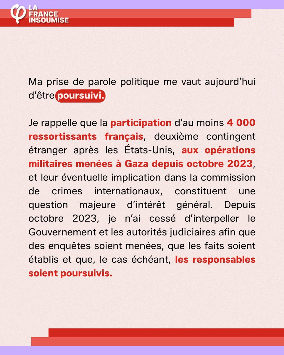 Portes_Thomas's tweet photo. UN SOLDAT FRANCO-ISRAÉLIEN M’ATTAQUE EN JUSTICE : JE NE ME TAIRAI PAS.

Je me présenterai devant le tribunal pour défendre ma liberté d’expression, mon mandat de parlementaire et le droit de dénoncer les crimes commis contre le peuple palestinien.

J’appelle toutes celles et ceux qui souhaitent apporter leur soutien à se rassembler jeudi 24 septembre à 12 heures devant le tribunal judiciaire de Paris.
