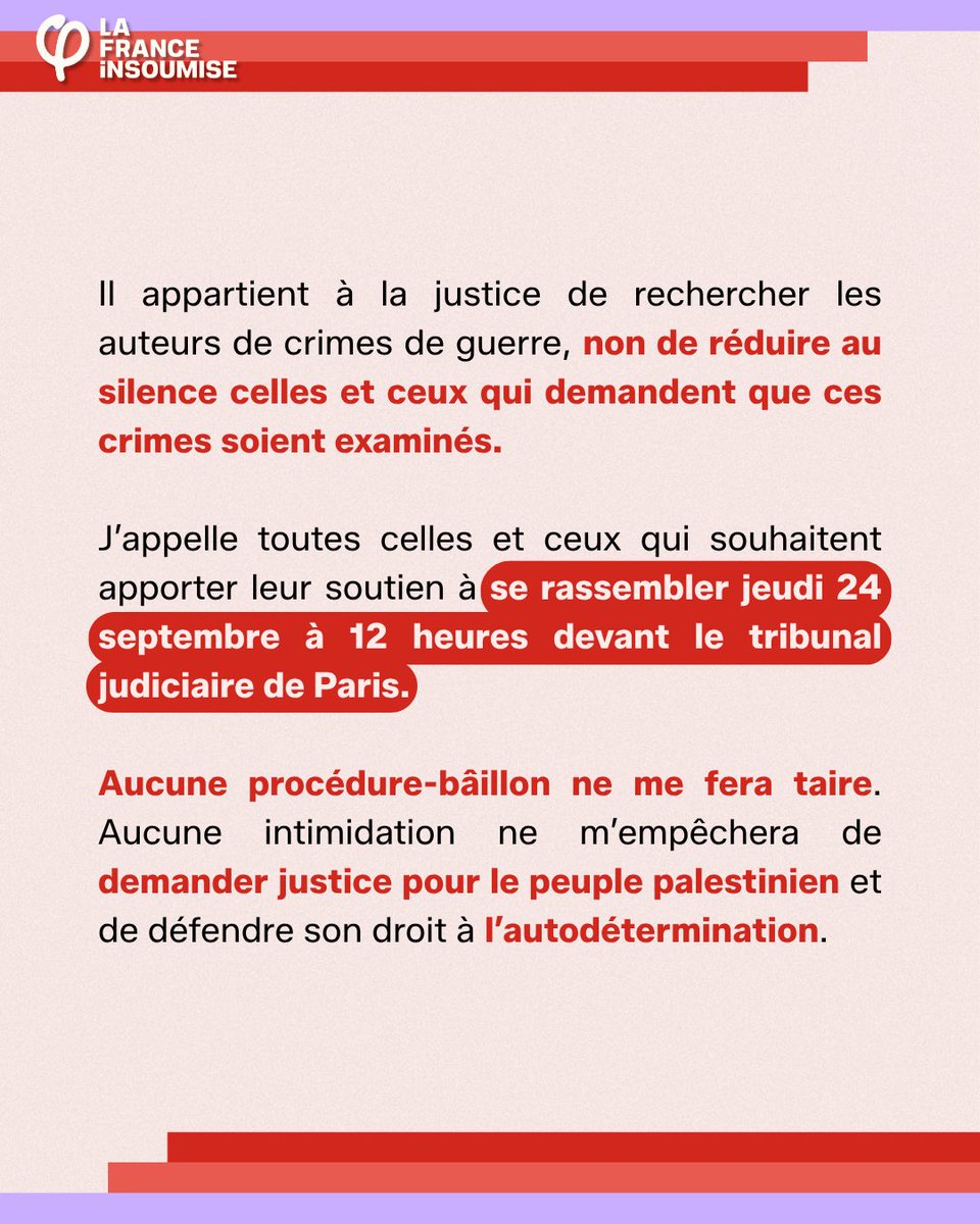 Portes_Thomas's tweet photo. UN SOLDAT FRANCO-ISRAÉLIEN M’ATTAQUE EN JUSTICE : JE NE ME TAIRAI PAS.

Je me présenterai devant le tribunal pour défendre ma liberté d’expression, mon mandat de parlementaire et le droit de dénoncer les crimes commis contre le peuple palestinien.

J’appelle toutes celles et ceux qui souhaitent apporter leur soutien à se rassembler jeudi 24 septembre à 12 heures devant le tribunal judiciaire de Paris.