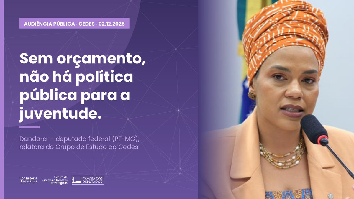 CEDESCAMARA's tweet photo. “Sem orçamento, não há política pública para a juventude.” A deputada @DandaraTonantzin abriu no Cedes a primeira audiência pública sobre o Plano Nacional de Juventude, com Secretaria Nacional de Juventude, Conjuve, UNE e pesquisadoras. 
Íntegra: https://t.co/tFk0RUtQAq https://t.co/0bnBomuxGg