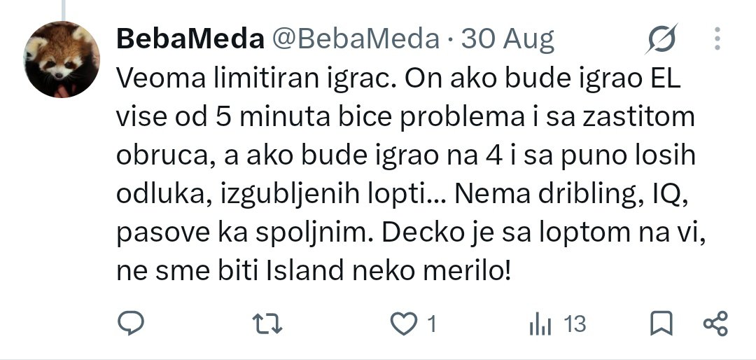 BebaMeda's tweet photo. @pavicevic96 Je l ima ogroman potencijal kao za Plavsica sto si pisao 😂 
Pripremne utakmice se ne gledaju na taj nacin, ali ako cemo tako, kkp je zbog njega i izgubio. Ovo je moje misljenje o njemu, da li ces biti "u pravu" kao za Plavsica sto si bio, videcemo... https://t.co/UlU2AnF5i7