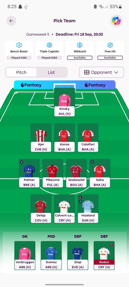 elFantaswya's tweet photo. My GW5 selection
Used 1 free transfer✅
Pedro➡️Delap
Haaland©️
To keep it simple, Delap only has one goal right now, but after Saturday, he'll get three.👌🏻🔥 https://t.co/qmfUDmvdhg