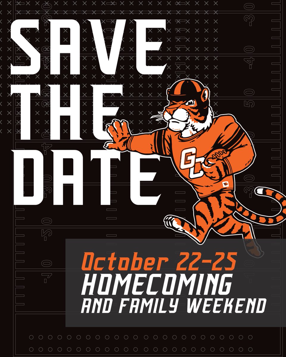 GtownCollege's tweet photo. Join us for Homecoming and Family Weekend, October 22–25! Three days to reconnect, celebrate, and cheer for and with your favorite tigers.
See the full schedule and plan your weekend 👉 https://t.co/4GIfw3a9RL
#GCTigers #TigerPride #OnceaTigerAlwaysaTiger #Homecoming2026 https://t.co/9KFxoQNb3K
