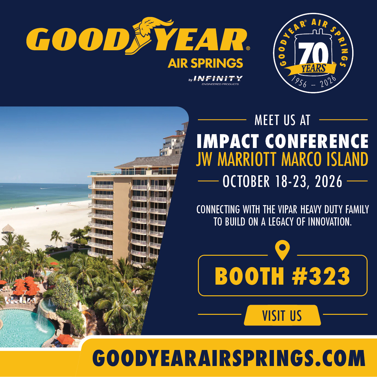 GoodyearSprings's tweet photo. 70 years of innovation and we’re still moving forward. Goodyear Air Springs is heading to the IMPACT Conference to connect with the VIPAR Heavy Duty family and celebrate the partnerships that keep our industry moving.

Booth #323

#GoodyearAirSprings #70YearsStrong https://t.co/kfo0fgUlAH