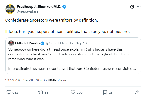 blightersort's tweet photo. a thing that occurred to me about this whole "anyone who has become a citizen is just as American as anyone else" thing along with this kind of performative hatred of one side in 150 year old, long settled American internal conflicts is that it's kind of analogous to a family.

if you marry into a family, are you just as much a member of that family as someone born to it? in one, legal sense, yes, sure. but in another very obvious sense, of course not.

if you married into a family that a few generations back had had a big conflict.  say one of the great uncles had a horrible drinking problem and ended up abandoning his wife and child and it was a whole thing. and then after some years, he came back, sobered up, and the family for whatever reason decided it was best to accept him back into the family. prodigal son type stuff.

and now, you, 100 years later, recently married into the family, learn of this family lore and make a huge point about saying how you will never accept long dead great uncle Abe as a legitimate member of this family bc you simply can't stand and won't forgive men who abandon their families. it's unforgiveable.

and if you went further and declared no *real* Gunderson (lets pretend the family name is Gunderson) would ever accept great uncle Abe as a Gunderson, then I think everyone can see you are being an absolute knob.

and the fact that you have a valid marriage certificate to point to that makes you legally every bit a Gunderson in no way makes you just as much of a Gunderson as those descended from the folk who had to deal with and forgive great uncle Abe's transgressions and your vehement rejection of their forgiveness doesn't make you *more* of a Gunderson, as you seem to think or hope, but actually highlights how much you are not and perhaps never will be Gunderson.