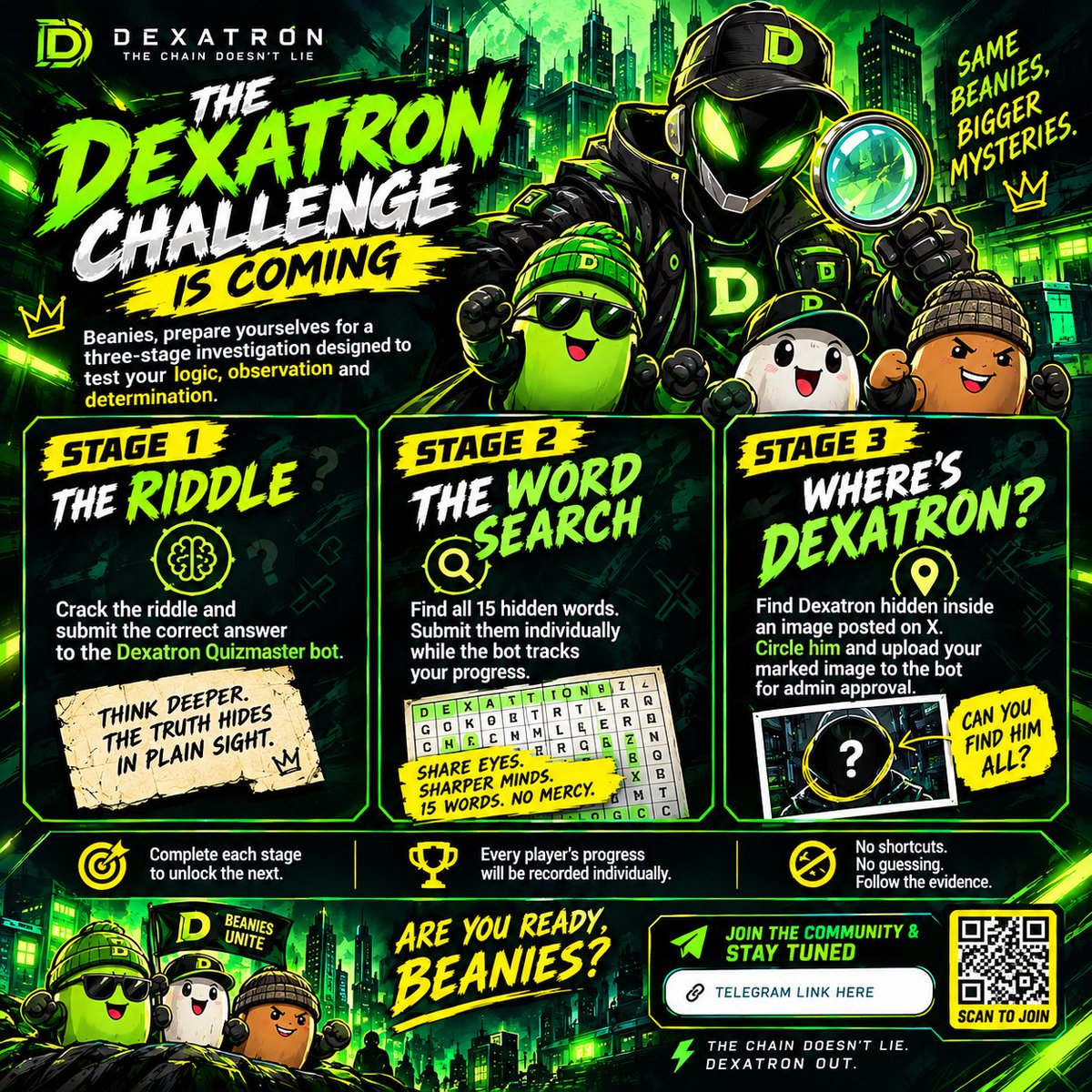 Habzyz53's tweet photo. THE DEXATRON CHALLENGE IS COMING 🧠🔍

Think you’ve got what it takes? 👀

3 stages. Riddle → Word Search → Find Dexatron.
Complete each stage, follow the clues, and prove your skills.

🔥 Beanies, get ready. The challenge is almost here!

Join the community & stay tuned 👇

Tg: https://t.co/glRlIXPyIn

#BEAN #Dexatron #Beanies