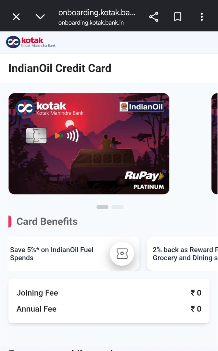 creditcardwalah's tweet photo. 🔥 Kotak Indian Oil Card (IOCL) — LTF! 💳

Lifetime Free only through specific link! 🎉

🚨 Direct application shows Rs 449 fee, while my link shows LTF.

⛽ 5% savings at IOCL Petrol Pumps
🍴 2% as RP on Dining & Grocery 

👉 Just Follow and DM for Link

#Kotak #CreditCards #Cashback #LTF #CCGeeks