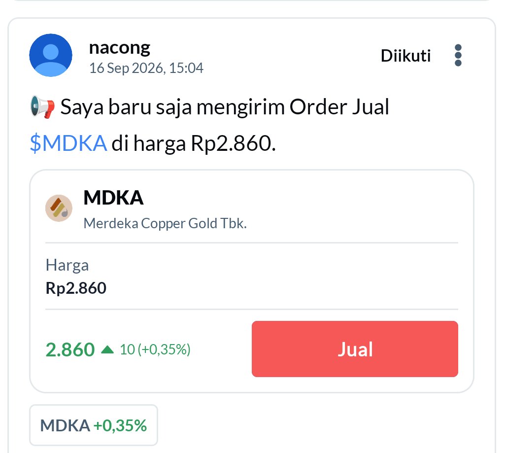 claraayrin's tweet photo. Take profit $MDKA di 2860 📈 Mengamankan cuan lebih baik daripada nyesel belakangan. Stay safe, kawan #AplikasiAjaib #SahamMDKA #IHSG #TraderIndonesia https://t.co/EUAiC6ZBjH