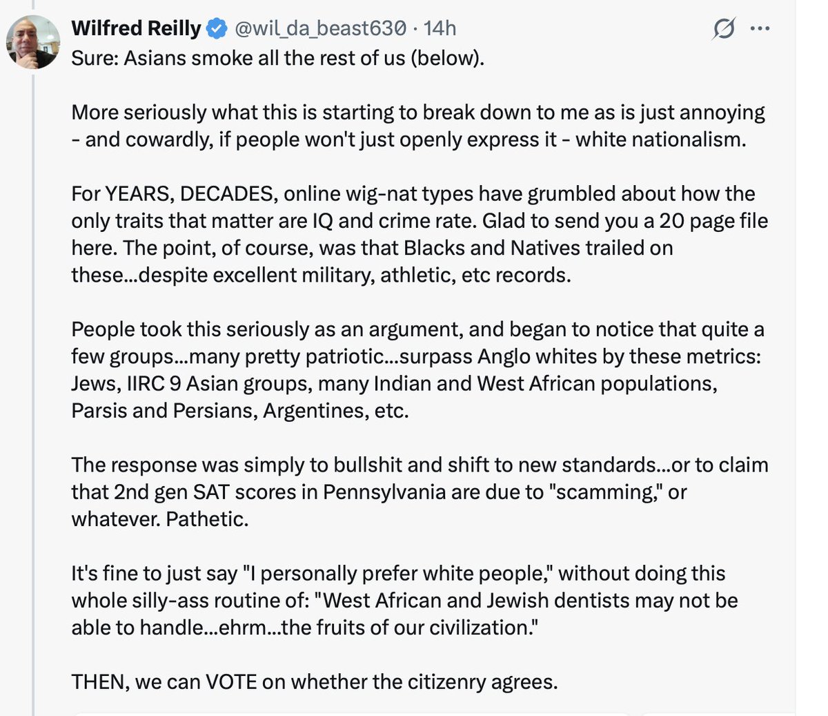 janecoaston's tweet photo. that's all it is! it's just racism! the whole "no no doing well at tests is bad now" and "oh no they are going to college football games but they're doing so *in groups*" is just wasting all of our time. https://t.co/AQUUt9nk9T