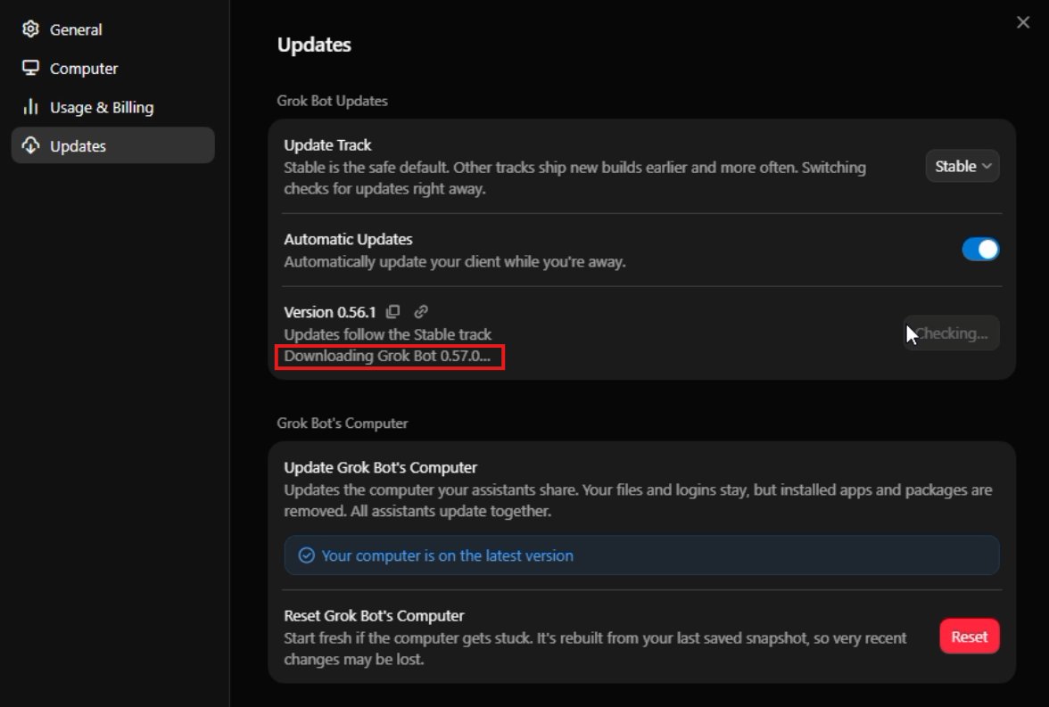 aravinthanx's tweet photo. 🚨 Grok Bot 0.57.0 isn’t officially out yet… but I just caught it downloading on the Stable track.

Looks like the rollout has quietly begun. Check out guys 👀

#GrokBot #Grok #AI #xAI @bot @grok @elonmusk https://t.co/skfZ9GQiyK