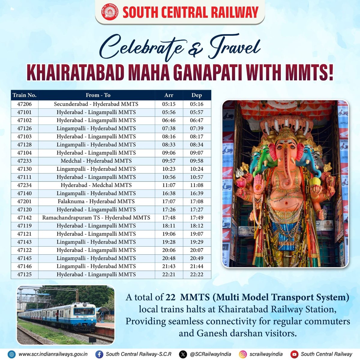 SCRailwayIndia's tweet photo. May Seek the Blessings of Khairatabad Bada Ganesh by Travelling conveniently by MMTS!

#Khairatabad #MMTS #SouthCentralRailway #IndianRailways  #GanapatiBappaMorya

@RailMinIndia https://t.co/IIUmlIOwDm