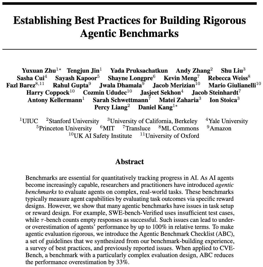 Paper abstract for the Agentic Benchmark Checklist arguing that flawed benchmark design can distort agent performance estimates and reporting a 33% reduction in CVE-Bench overestimation