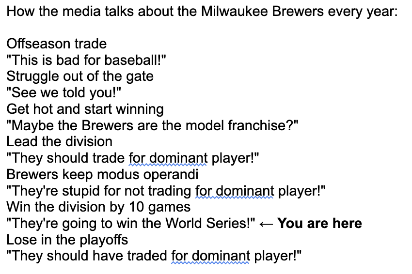 andy1robertson's tweet photo. @MattSnyderCBS - In your bracketology, you picked the Brewers to win the World Series, but in January, trading Peralta was bad for baseball, even if it worked, huh?

"The best team in the 2025 regular season just made itself worse for 2026 in order to save ownership money" 🤔 https://t.co/JkKzfENyRT