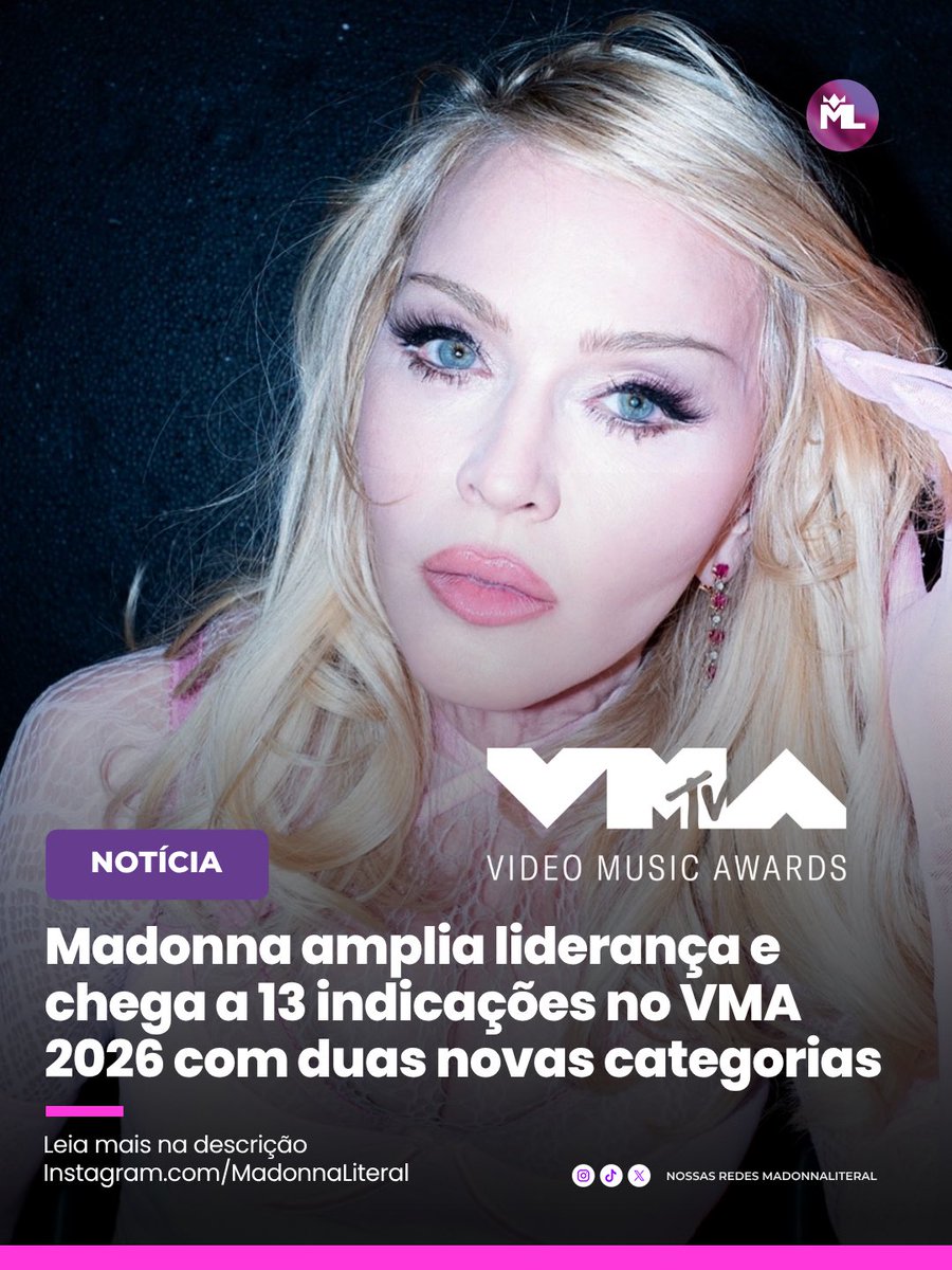 MadonnaLiteral1's tweet photo. Madonna recebeu duas novas indicações ao MTV Video Music Awards 2026, ampliando seu total para 13 nomeações e mantendo a liderança como a artista mais indicada da edição.

As novas indicações são nas categorias Best Long Form Video, por Confessions II: The Film, e Best Album, por Confessions II.

A votação das novas categorias acontecerá exclusivamente pelos Stories do Instagram da MTV, em datas diferentes entre 24 e 27 de setembro.

Exceto as duas novas categorias, a votação para Madonna continua aberta no site oficial da MTV. Acesse https://t.co/cYG0zC26ZD⁠ e vote na artista nas categorias disponíveis.