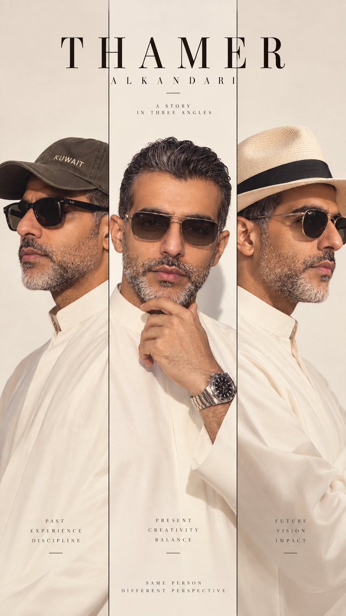 thamerr13's tweet photo. افتح ChatGPT +صورتك
وانسخ الأمر ⤵️⤵️⤵️⤵️

Create a high-fashion minimalist editorial portrait of the uploaded person, preserving the EXACT face, identity, age and gender. Split the same person into 3 tall vertical panels, each showing a different angle: side profile, front portrait, and opposite profile. Each panel features a different stylish headwear and sunglasses naturally adapted to the person’s gender and style. Clean warm off-white background, luxury magazine aesthetic, soft studio lighting, realistic skin texture, sophisticated fashion photography, seamless geometric composition. Vertical 9:16.
