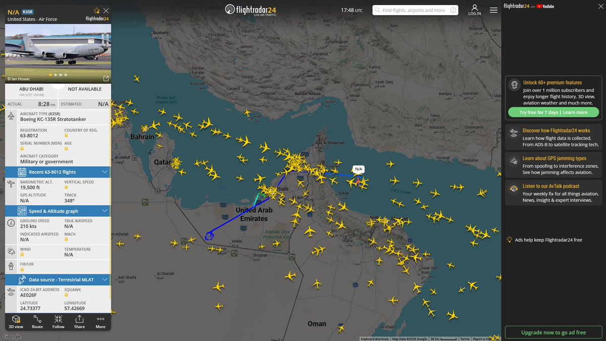AIYeyENGDdJkjTr's tweet photo. Sept. 19, 2026
#Al-Udeid Air Base ==> #Gulf of Oman
#NoCALLSIGN #AED555 USAF KC-46A Pegasus
#Al-Udeid Air Base ==> #Musandam Peninsula
#NoCALLSIGN #AE63BC USAF KC-46A Pegasus
#Al Reef Base, Abu Dhabi ==> #Gulf of Oman
#NoCALLSIGN #AE026F USAF KC-135R Stratotanker https://t.co/D4ATgCcYUd