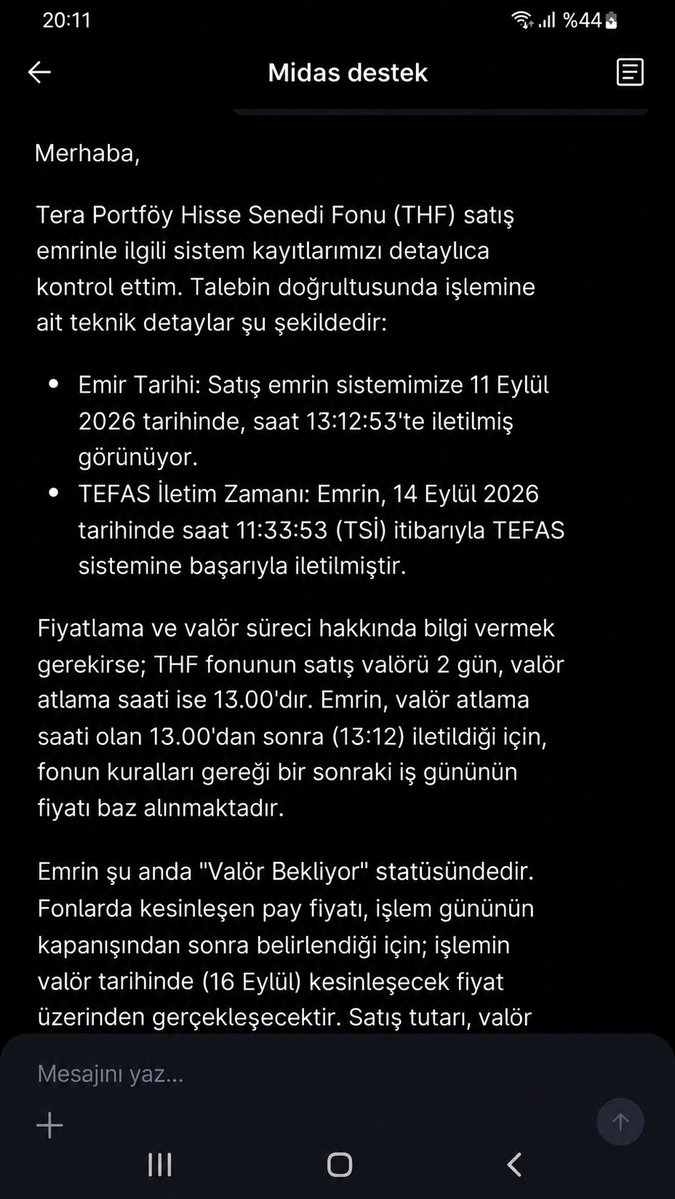 Senceroth's tweet photo. 177.465 adet THF satış emrimi 11 Eylül 2026 saat 13:12’de verdim. Midas kayıtlarında emrin 14 Eylül saat 11:33’te TEFAS’a başarıyla iletildiği, işlemin 16 Eylül’de gerçekleşmesinin/valöre ulaşmasının beklendiği görülüyor.  

#THF
@getmidas 
@spkgovtr 
@Takasbank 
@TeraPortfoy https://t.co/04mfXektKj