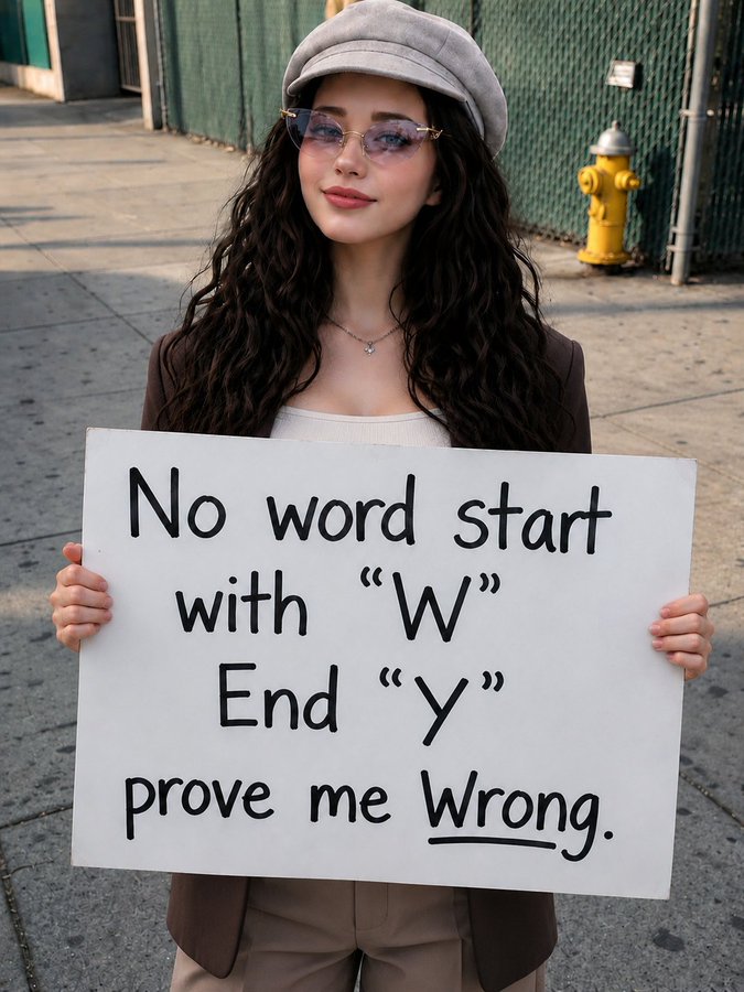 Jennifer15xp's tweet photo. No word starts with ‘W’ ends with ‘Y’  Prove me wrong https://t.co/56xAEwBHNf