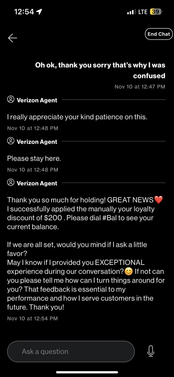 aarrrgi's tweet photo. @VerizonSupport Hi Verizon your reps are going off on me by phone and not wanting to respect a $200 loyalty discount of my account, this is from 11/25 and you guys mentioned it would be applied for 12 months https://t.co/25bUFBqXGi