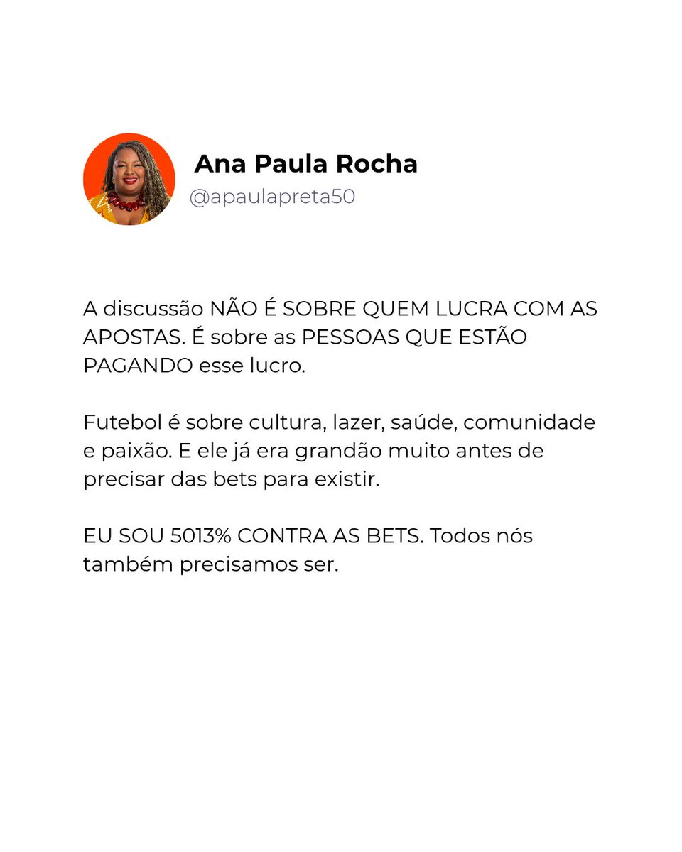 paulapreta50's tweet photo. Aqui, a gente é 5013% contra as bets. 5013% pra gente viver melhor. https://t.co/7MF0C4vfWh