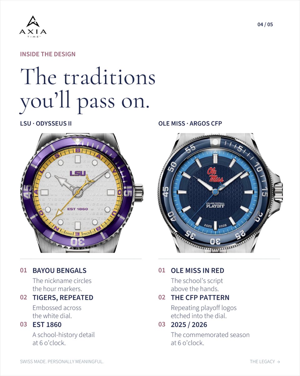 AxiaTimeLLC's tweet photo. Tomorrow: LSU vs. Ole Miss in Oxford. Family loyalties. Old friends. Stories worth keeping.
AXIAโs Swiss Made LSU and Ole Miss 2025โ26 CFP watches keep those memories close.
Who made this rivalry matter to you?
#LSUvsOleMiss #CollegeFootball #RivalryWeek https://t.co/zHkrHDAZls