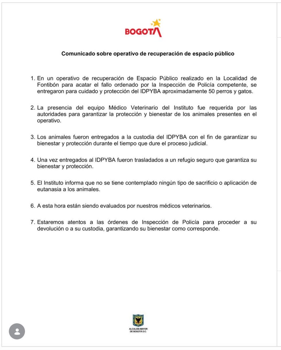 DanielRMed's tweet photo. Alcalde @CarlosFGalan: ¿dónde están los perros y gatos? 
su comunicado no aclara lo esencial. El Distrito recibió cerca de 50 perros y gatos Callejeros de Fontibón, pero no informa dónde están ni publica inventario o cadena de custodia. ¿Dónde están los animales? ¿Quién responde por ellos y por los heridos? ¿Por qué golpear a la gente que le reclama respeto por la vida? 

Ud es el alcalde de los bogotanos y bogotanas no el alcalde de Alkosto, no pagamos impuestos para que Ud sea el defensor rabioso de los intereses de alkosto golpeando inocentes y desapareciendo perritos y gatos. 
Respete !