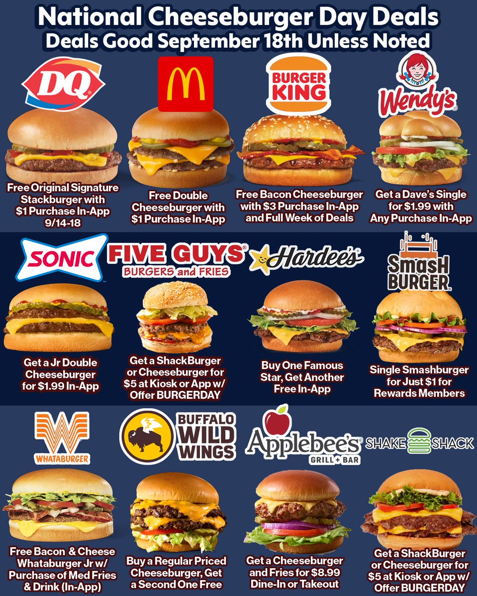 ByMindsets's tweet photo. National Cheeseburger Day Deals 🍔 https://t.co/3YXIue5f0E