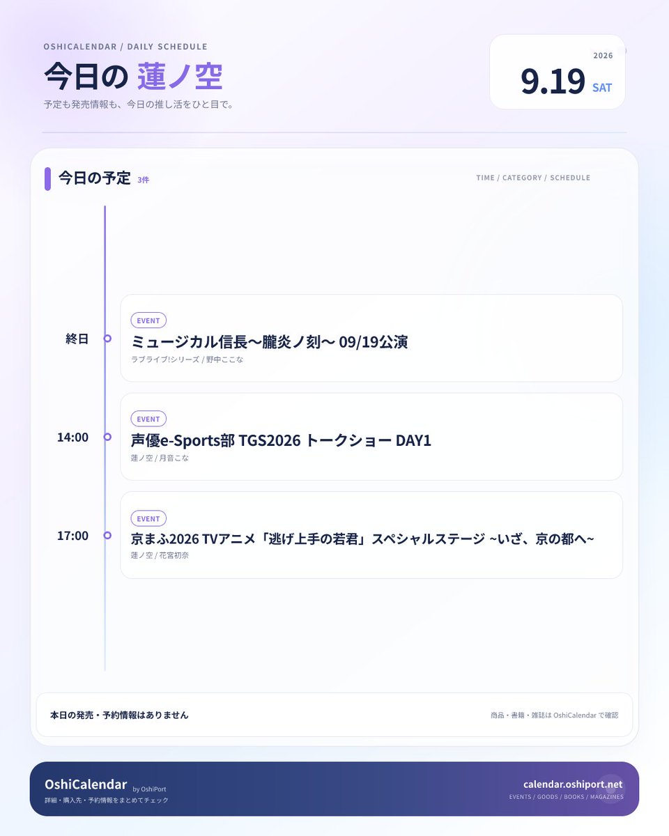 HasuCalendar's tweet photo. 【今日の蓮ノ空】

#野中ここな
ミュージカル信長〜朧炎ノ刻〜

14:00　声優e-Sports部 TGS2026 トークショー
#月音こな が体験入部🎮

17:00　#京まふ2026 #花宮初奈
#逃げ若 スペシャルステージ

今日の予定はOshiCalendarで👇
https://t.co/hRxIpIlU9m

#蓮ノ空 #lovelive https://t.co/kDQ7tcW7cT