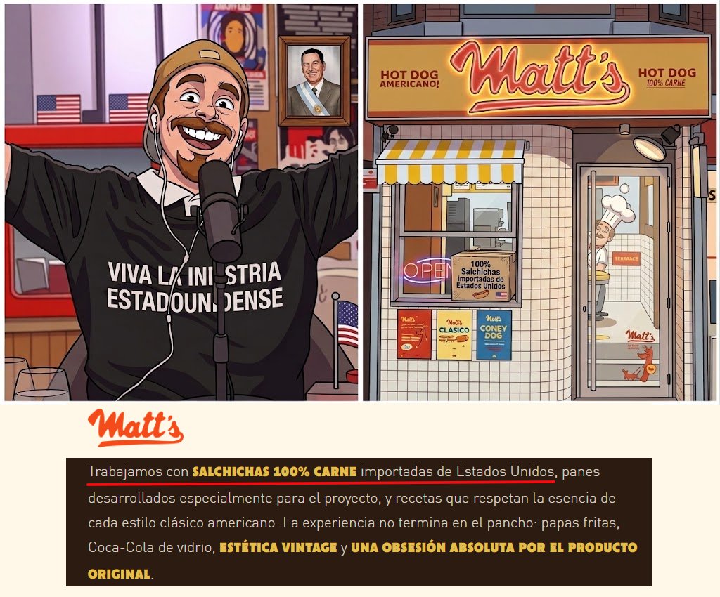 TraductorTeAma's tweet photo. 🌭🇺🇸✌️| A ver en qué andan los kukas que dicen defender la industria nacional.....

Migue Granados se puso una panchería con todos los nombres de ciudades estadounidenses e importa la totalidad de las salchichas de los Estados Unidos...

Argentina tiene excelente calidad de salchichas, pero él eligió importarlas. Esos son los que hablan de la industria nacional después... lo digo como industrial nacional y mileista. Los kukas odian a la industria local.
