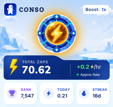samer33431's tweet photo. Conso progress update  57.32 total Zaps +2.9 Zaps/hr 8 day streak
@conso_xyz https://t.co/D5P1tWDDkE
