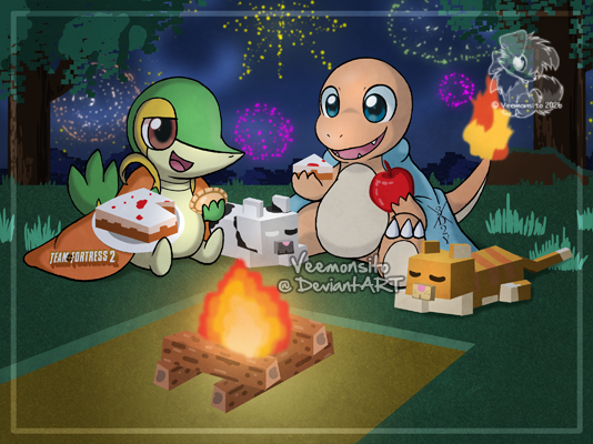 Veemonsito's tweet photo. Pokémon themed commission, featuring a Snivy and a Charmander in the world of Minecraft ⛏️ 
By the way, can you find the hidden "Among Us" in the drawing?
#PokemonFanart #ポケモンイラスト https://t.co/voJCSxXWF3