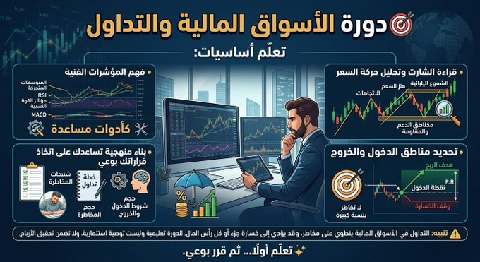 AbuTalalAlpha's tweet photo. 🎯 دورة الأسواق المالية والتداول

تعلّم أساسيات:

• قراءة الشارت وتحليل حركة السعر: تعرّف على الشموع اليابانية، الاتجاهات، القمم والقيعان، ومناطق الدعم والمقاومة لفهم سلوك السعر.

• فهم المؤشرات الفنية: استخدم مؤشرات مثل المتوسطات المتحركة، مؤشر القوة النسبية RSI، ومؤشر MACD كأ https://t.co/4rjloEpUwm