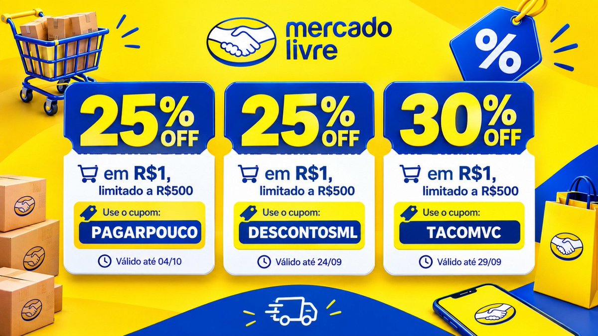 webdescontos's tweet photo. 25% OFF em R$1, limitado a R$500
🎟️ Use o cupom: PAGARPOUCO
⏳ Válido até 04/10

25% OFF em R$1, limitado a R$500
🎟️ Use o cupom: DESCONTOSML
⏳ Válido até 24/09

30% OFF em R$1, limitado a R$500
🎟️ Use o cupom: TACOMVC
⏳ Válido até 29/09

📎 Use o link:
https://t.co/9mne8m1J9M https://t.co/DdX91sqzeP