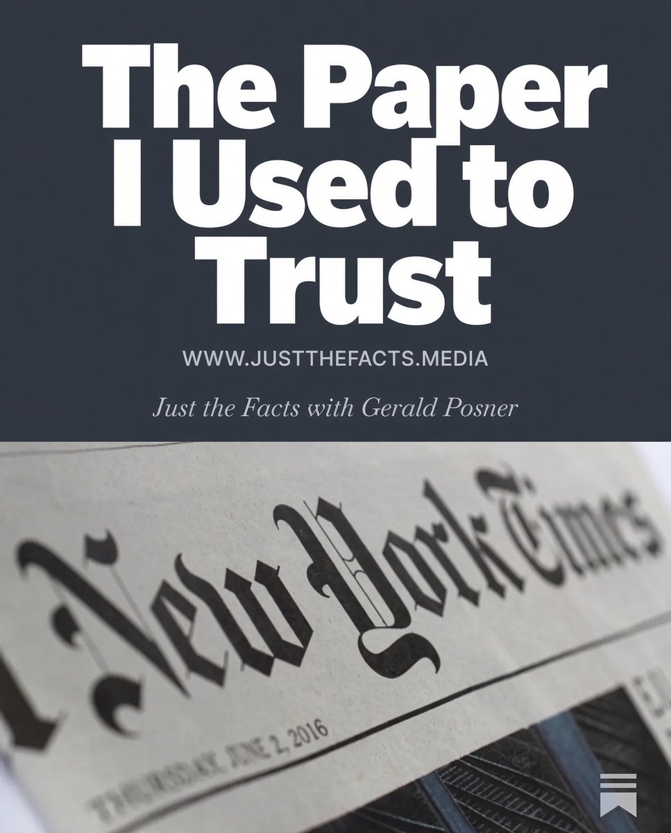 geraldposner's tweet photo. I have written eleven opinion pieces for The New York Times across 35 years. I still read it. I write what follows with no joy: while I have watched it become increasingly partisan in its news coverage over the decades, no topic has made its loss of balance clearer to me than its handling of Israel since October 7.

This week the Times published a sentence suggesting that Israeli victimhood over the 2023 Hamas terror attack was not a fact, but a "matter of perception." It only added an Editors' Note after furious backlash, much of it here on X. I have written corrections myself. A sentence like that doesn't slip past a reporter, an editor, and a copy desk by accident. The underlying problem is that it did not set off an alarm until readers outside the building made noise.

And that was simply the latest example. In May, the paper's Opinion section ran a column alleging Israeli forces used dogs to rape Palestinian detainees, built on sourcing no other serious outlet had corroborated. The Times's own executive editor later said the newsroom "wouldn't have done that exact piece."

Now there's data behind the pattern. A peer-reviewed Yale study of 1,559 Times articles on the war found the word "Israel" appeared more than three times as often as "Hamas," and that 1,423 of those articles mentioned neither Israeli casualties after Oct. 7 nor Hamas combatants killed in the war.

"Paper of record" was never a hereditary title. It was a claim about earned trust. I am not sure anyone still believes it.

My full article at Just the Facts: https://t.co/pG7mfcYpCj