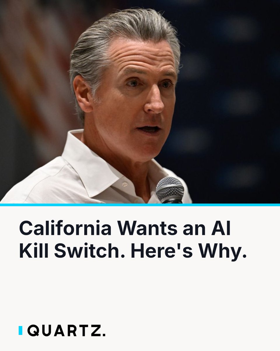qz's tweet photo. California Wants an AI Kill Switch. Here's Why.
Gov. Gavin Newsom has ordered California to develop a mandatory kill switch for powerful AI systems, giving experts just two months to deliver a plan. The move puts
https://t.co/tvTTxcUHzs
#AIKillSwitch #Newsom2028 #CaliforniaAI https://t.co/Gh1LgcADD5