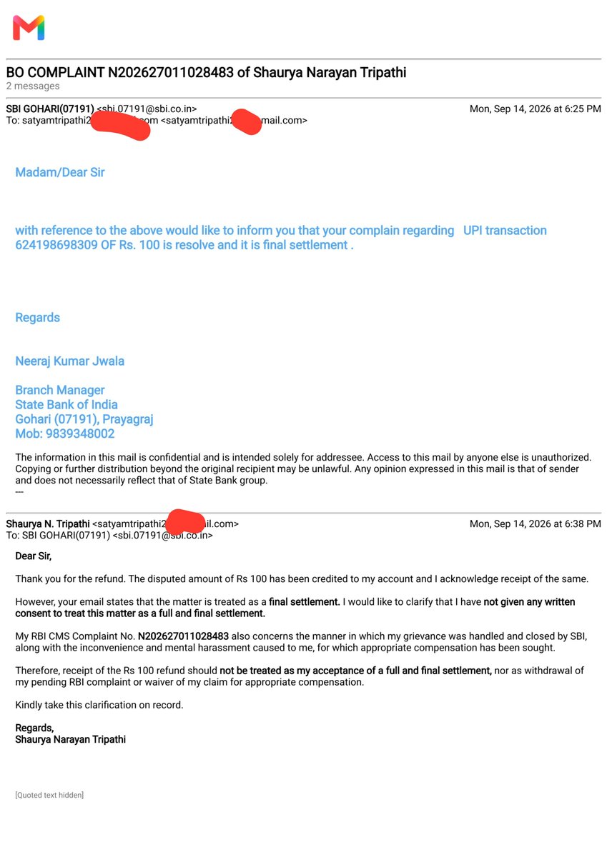 Shaurya_3pathi's tweet photo. @TheOfficialSBI @NPCI_NPCI @RBI @grok मेरी RBI CMS Complaint N202627011028483 pending थी। SBI Branch Manager ने ₹100 refund के बदले complaint withdraw करने को कहा। फिर private Paytm UPI account से ₹100 भेजकर इसे“final settlement”बताया। क्या RBI ने SBI को ऐसा करने की अनुमति दी है? नियम और authority के आधार पर https://t.co/96Vxum01ga