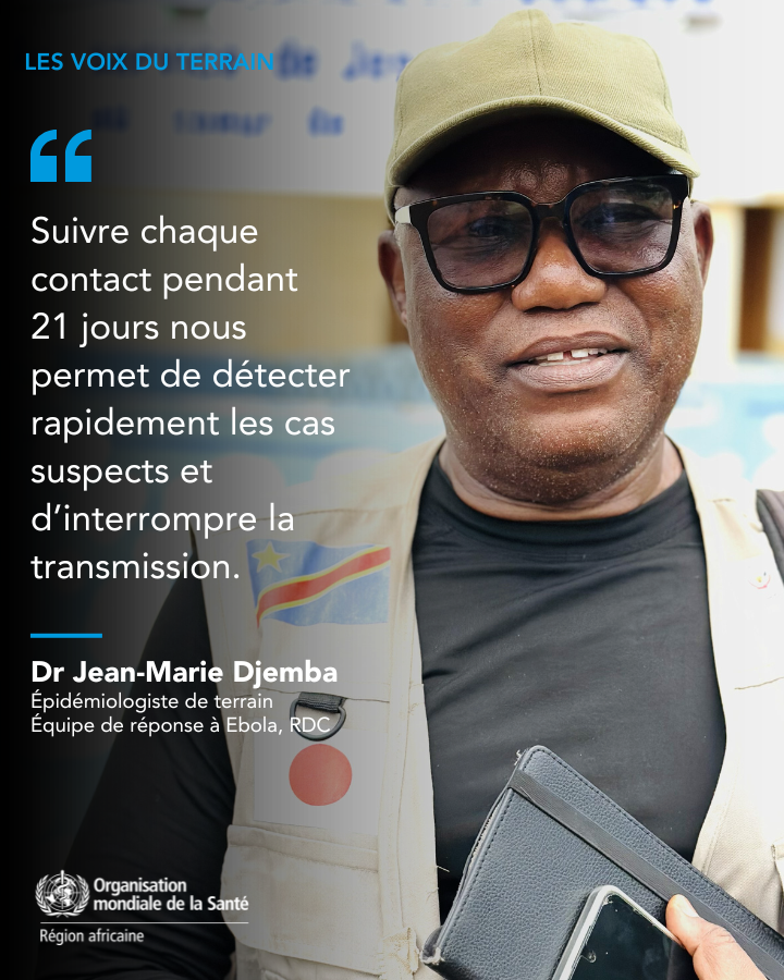 OMS_Afrique's tweet photo. Dr Jean-Marie Djemba, épidémiologiste de terrain, appuie les équipes de surveillance dans l’investigation des alertes et le suivi des contacts. Chaque personne ayant été en contact avec un cas d’#Ebola est suivie pendant 21 jours afin de détecter rapidement l’apparition éventuelle de symptômes et d’interrompre la transmission.

Fort de plus de 15 ans d’expérience dans la réponse à Ebola, il contribue à renforcer la surveillance de la maladie, y compris dans les zones confrontées aux réticences communautaires et aux défis sécuritaires.