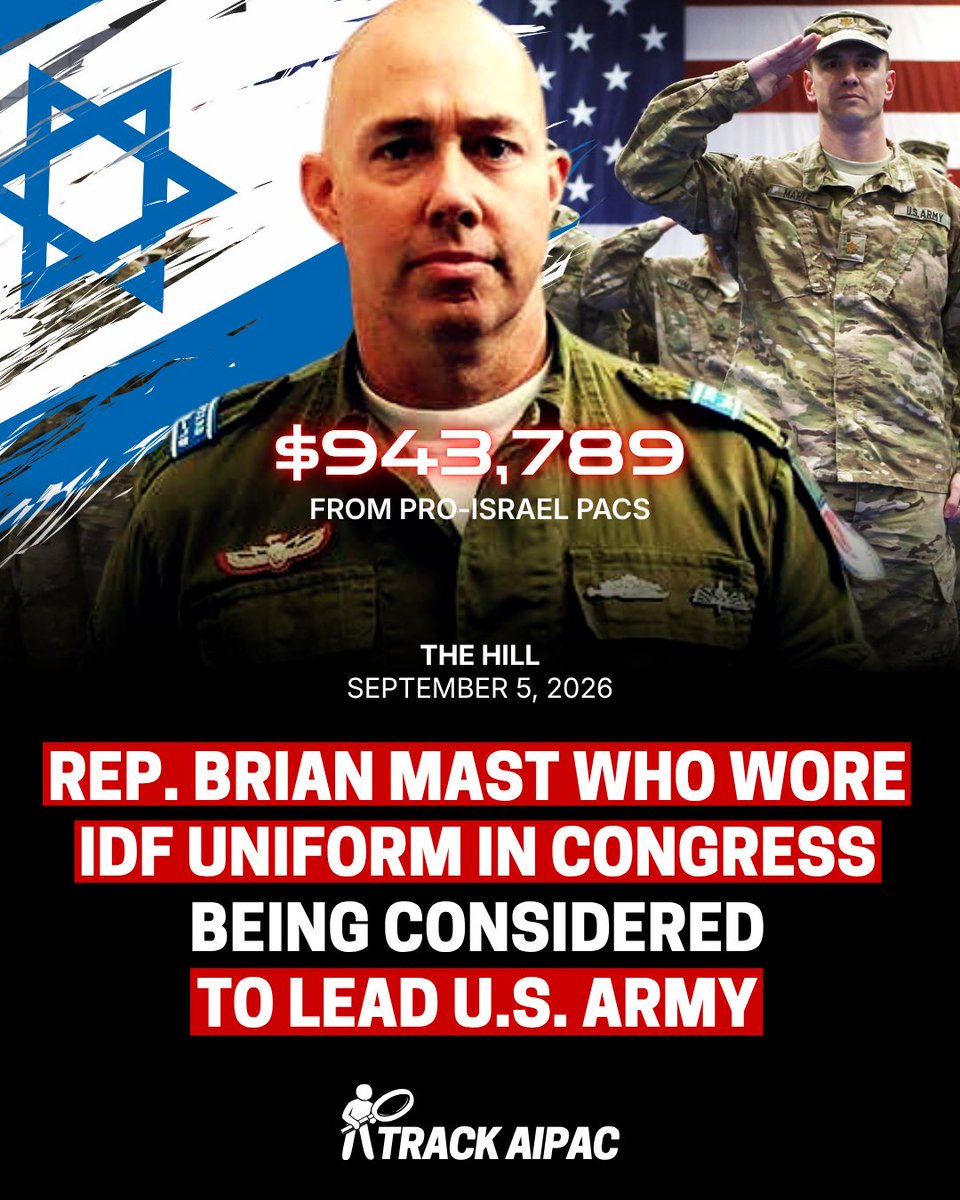 TrackAIPAC's tweet photo. AIPAC's Rep. Brian Mast, who once wore an IDF uniform in Congress, is reportedly being considered as the next Secretary of the Army. https://t.co/lmn5ZqcWcC
