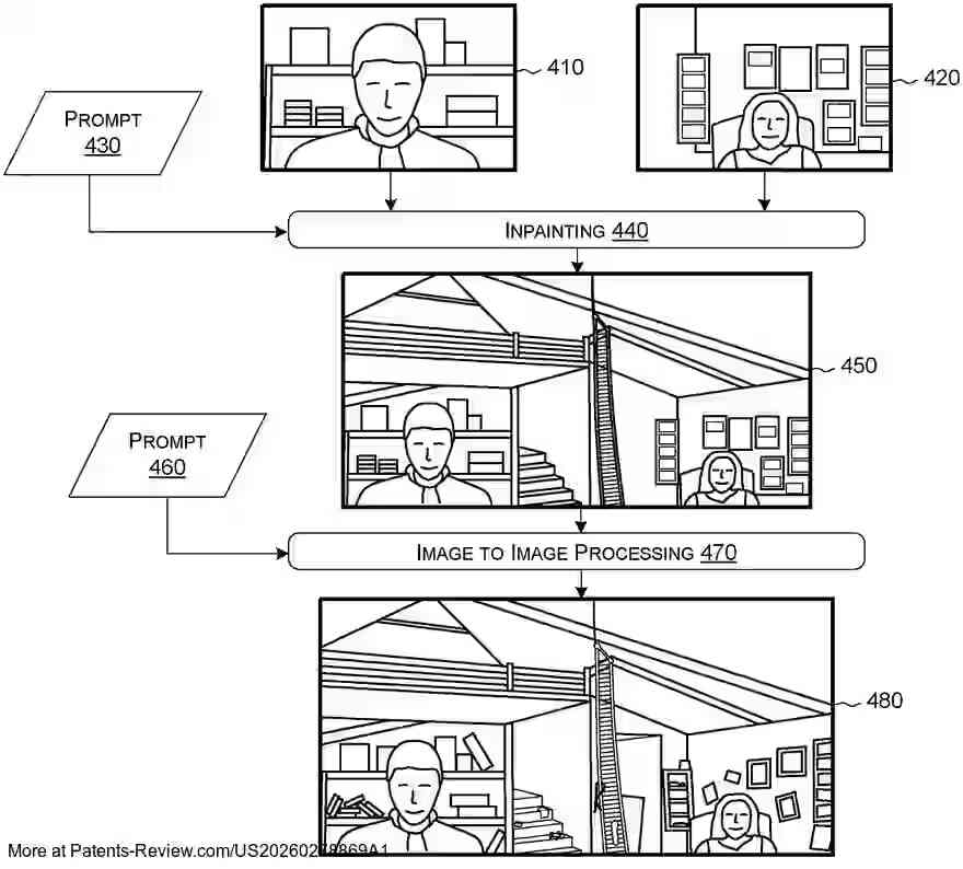 PatentPulse's tweet photo. Discover the future of #teleconferencing with patent application #US20260278869A1 by #Microsoft!
This innovation uses #GenerativeImageModels to create adaptive experiences.
Features include inpainting & image-to-image restyling, allowing users to appear in AI-generated environments.
Stay ahead in #AI & #Tech with $MSFT