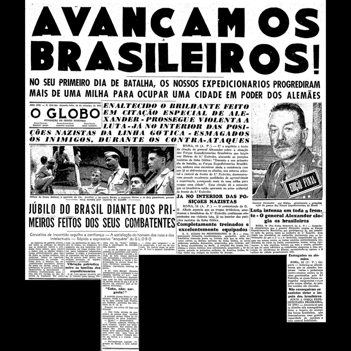 sentandoapua's tweet photo. Notícias da 2ª Guerra: 18SET1944-Avançam os Brasileiros!   

#SET44 #OGlobo #WWII #FEB #brasileiros @exercitooficial @feb_brasil https://t.co/c0whTIoCs9