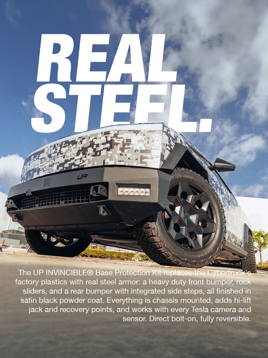 UnpluggedTesla's tweet photo. Real steel, front to back.

HD front bumper. HD rock sliders. HD rear bumper with integrated side steps. Chassis mounted, satin black powder coat, hi-lift and recovery points built in.

Direct bolt-on, fully reversible. Fits Tesla Cybertruck. https://t.co/3Q3igEAdvd